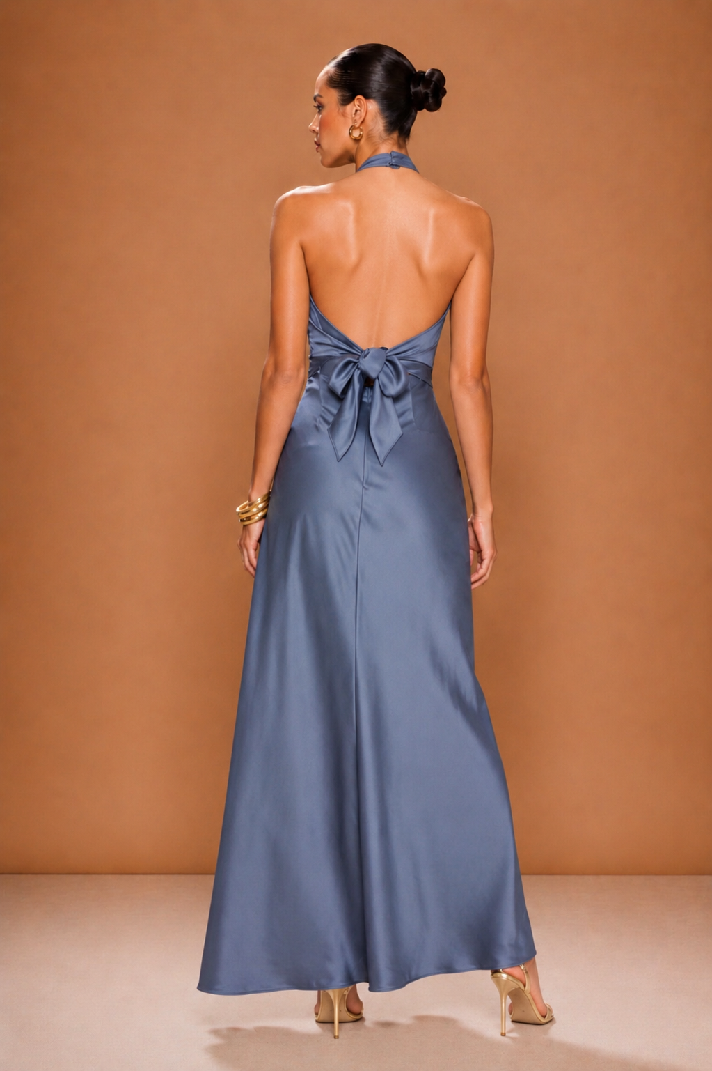 VIRIDIANA SATIN HALTER MAXI DRESS BLUE