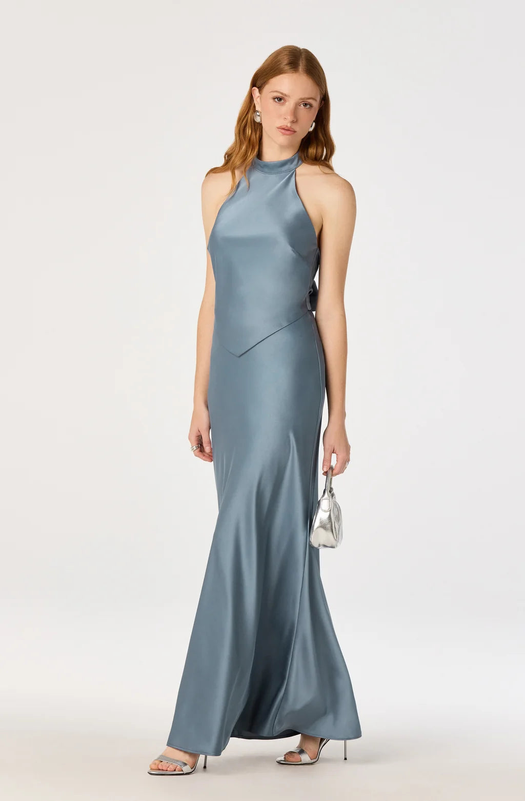 VIRIDIANA SATIN HALTER MAXI DRESS BLUE