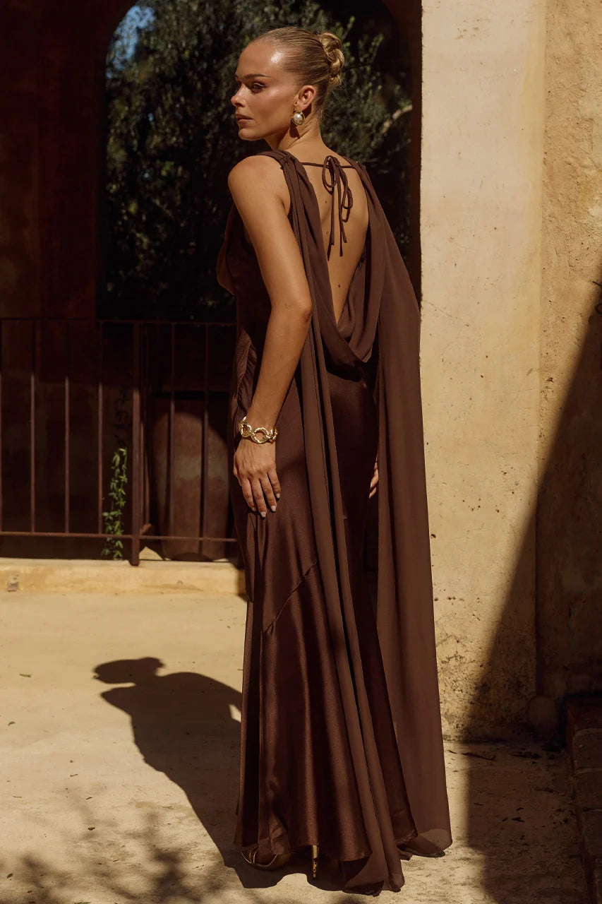 GABRIELLA COWL MAXI DRESS - CHOCOLATE