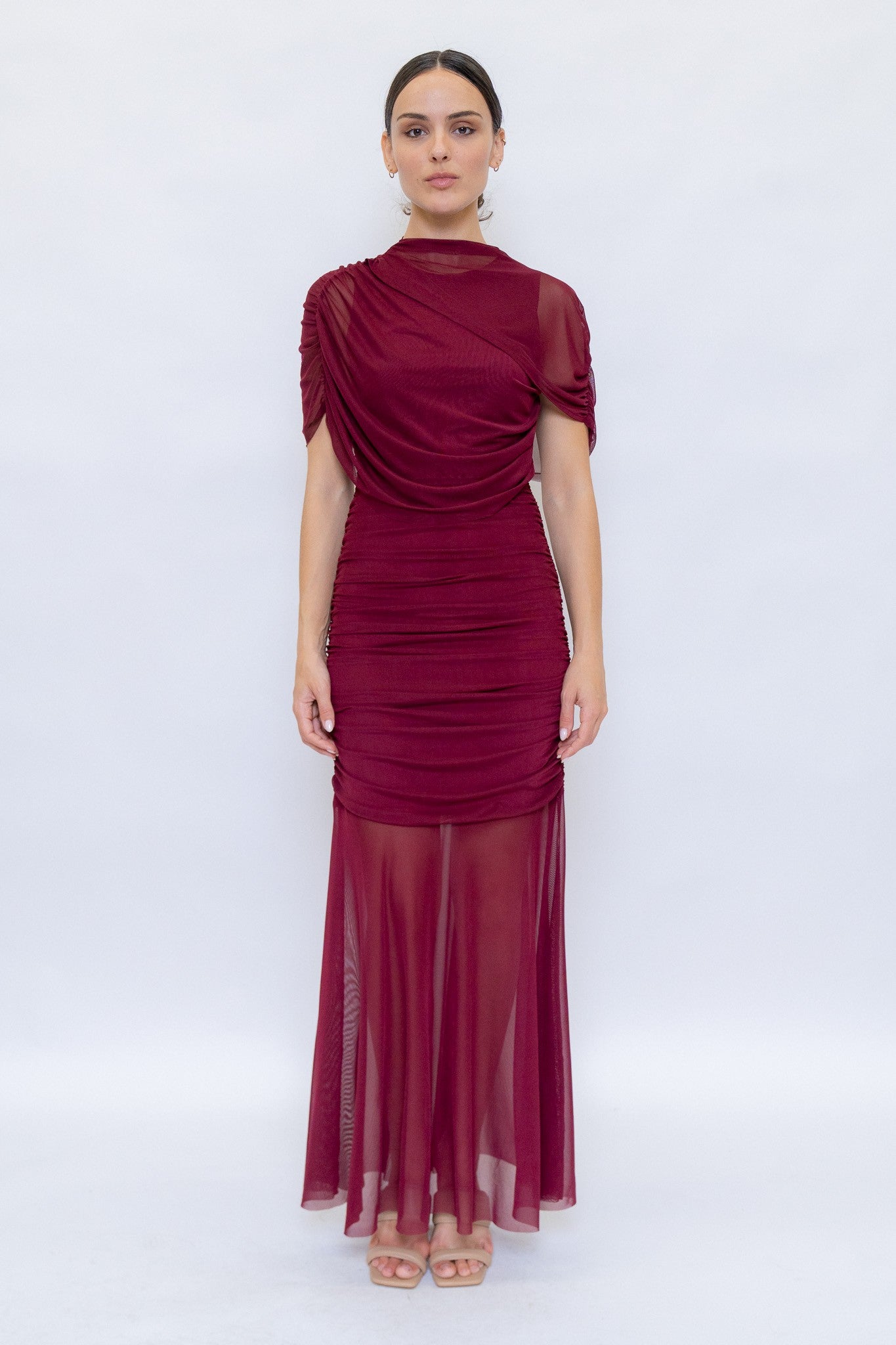THERESA CAPE DRESS BURGUNDY