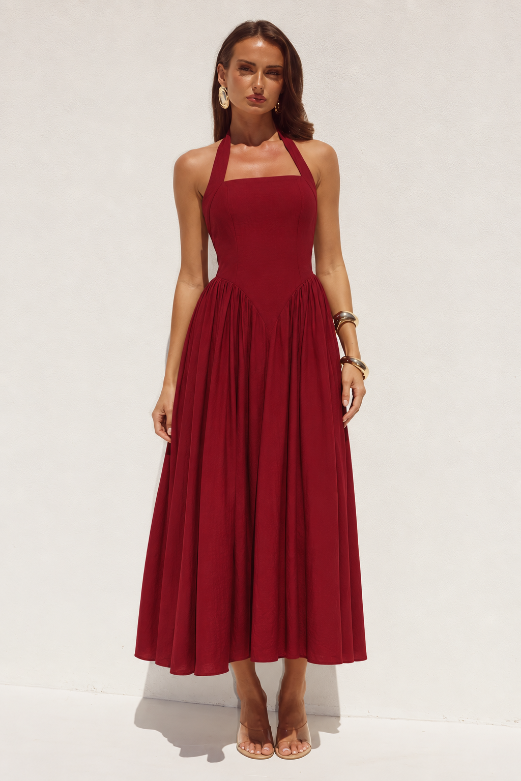 SAMMI HALTER MIDI DRESS - WINE