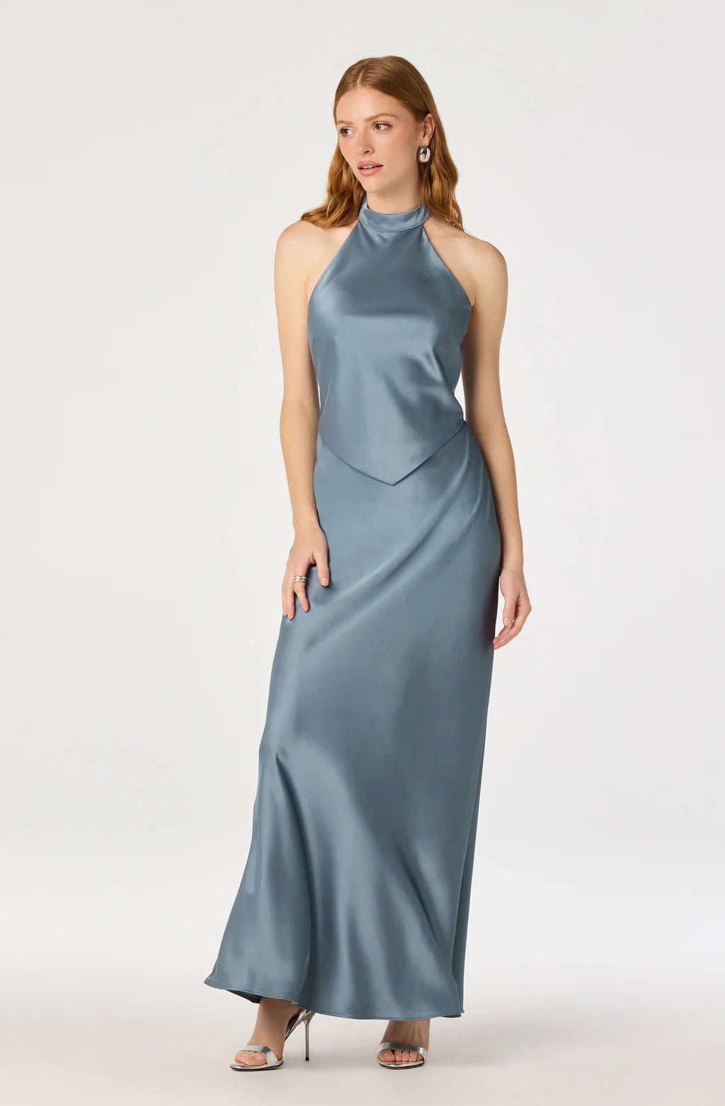 VIRIDIANA SATIN HALTER MAXI DRESS BLUE