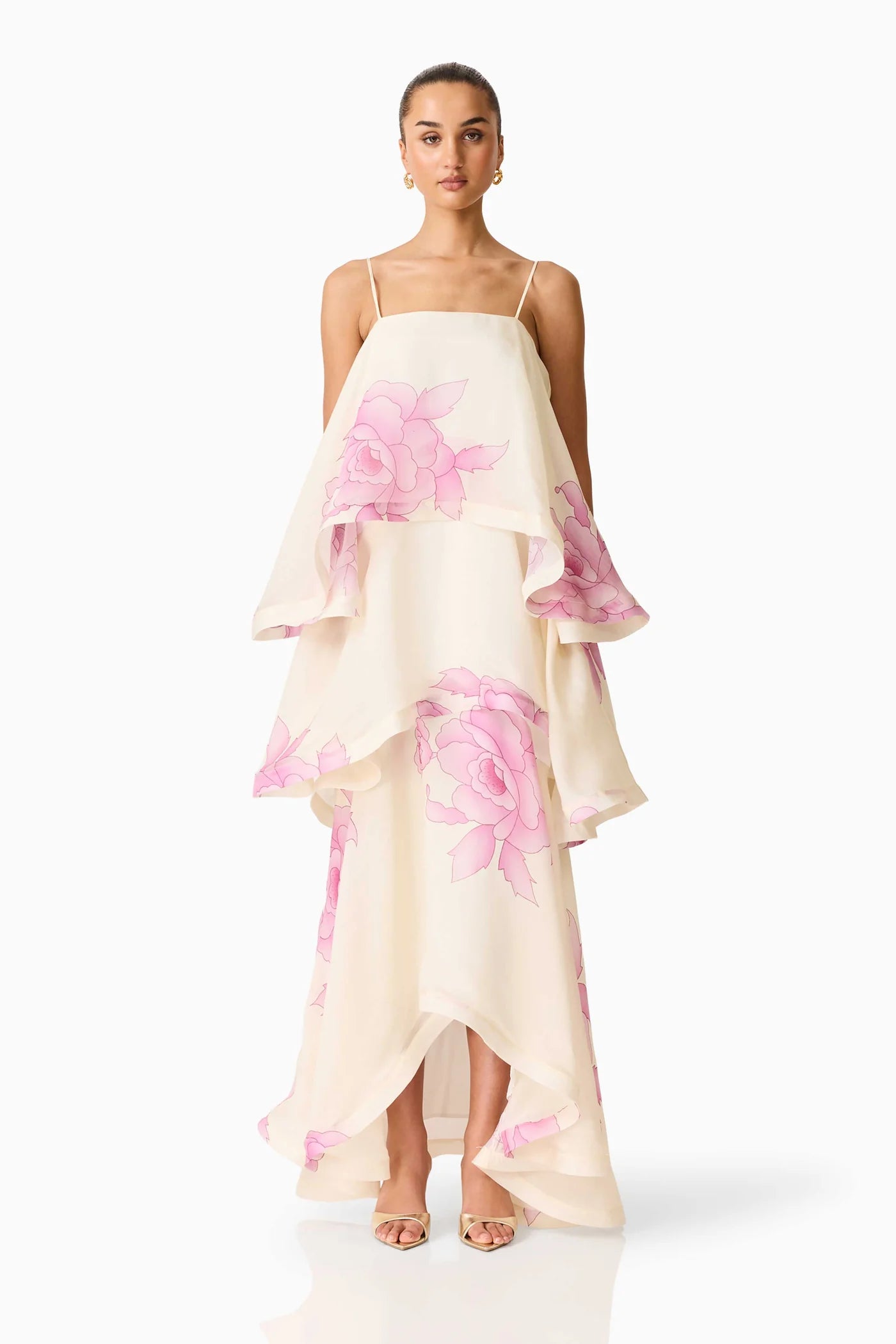 ROVA TIERED GOWN IN CREAM & PINK FLORAL