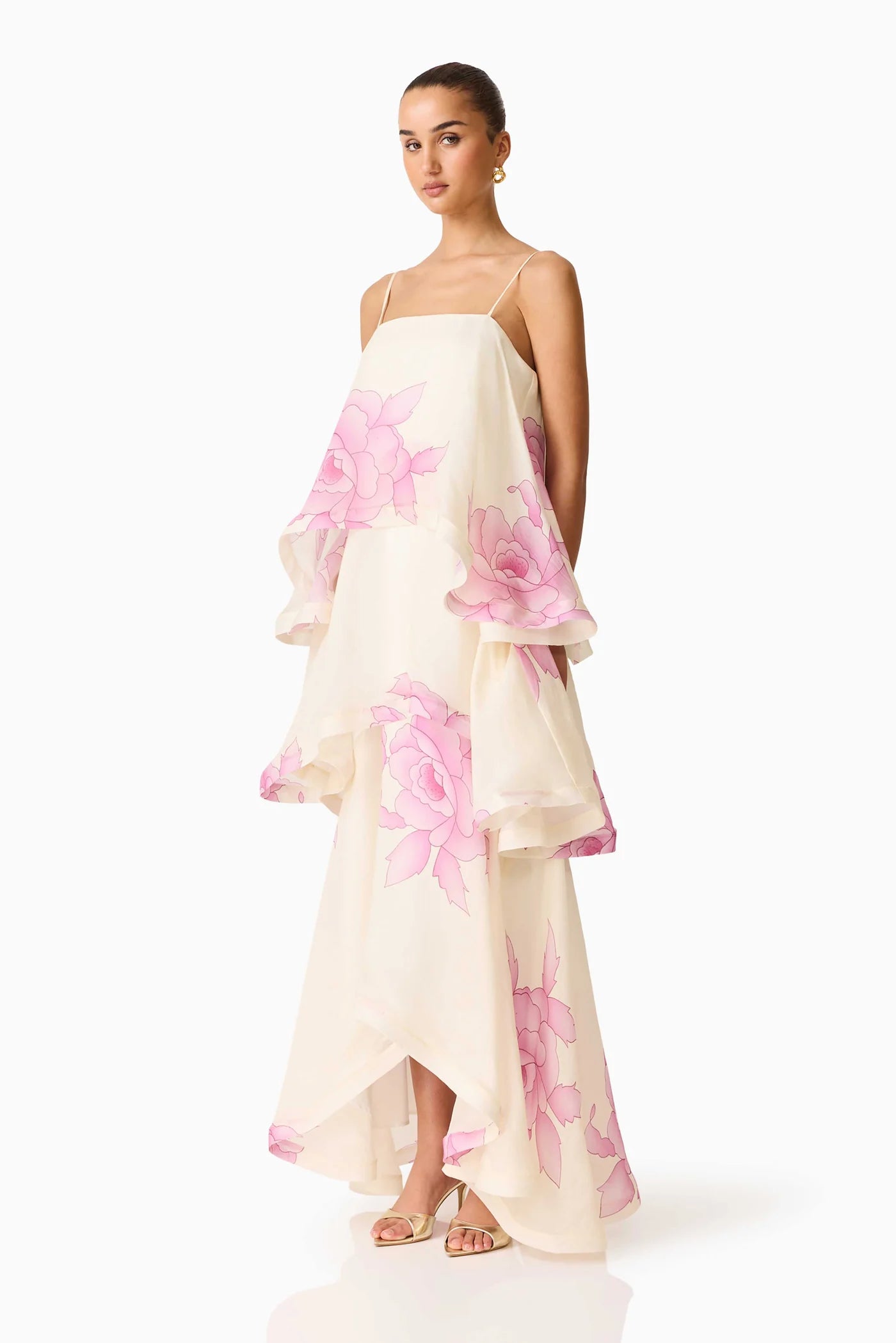 ROVA TIERED GOWN IN CREAM & PINK FLORAL