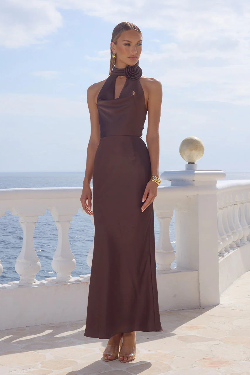 ESTELLE COWL HALTER MAXI CHOCOLATE