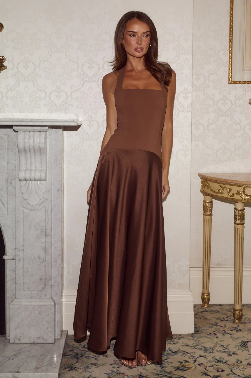 ODINA SQUARE NECK MAXI DRESS CHOCOLATE