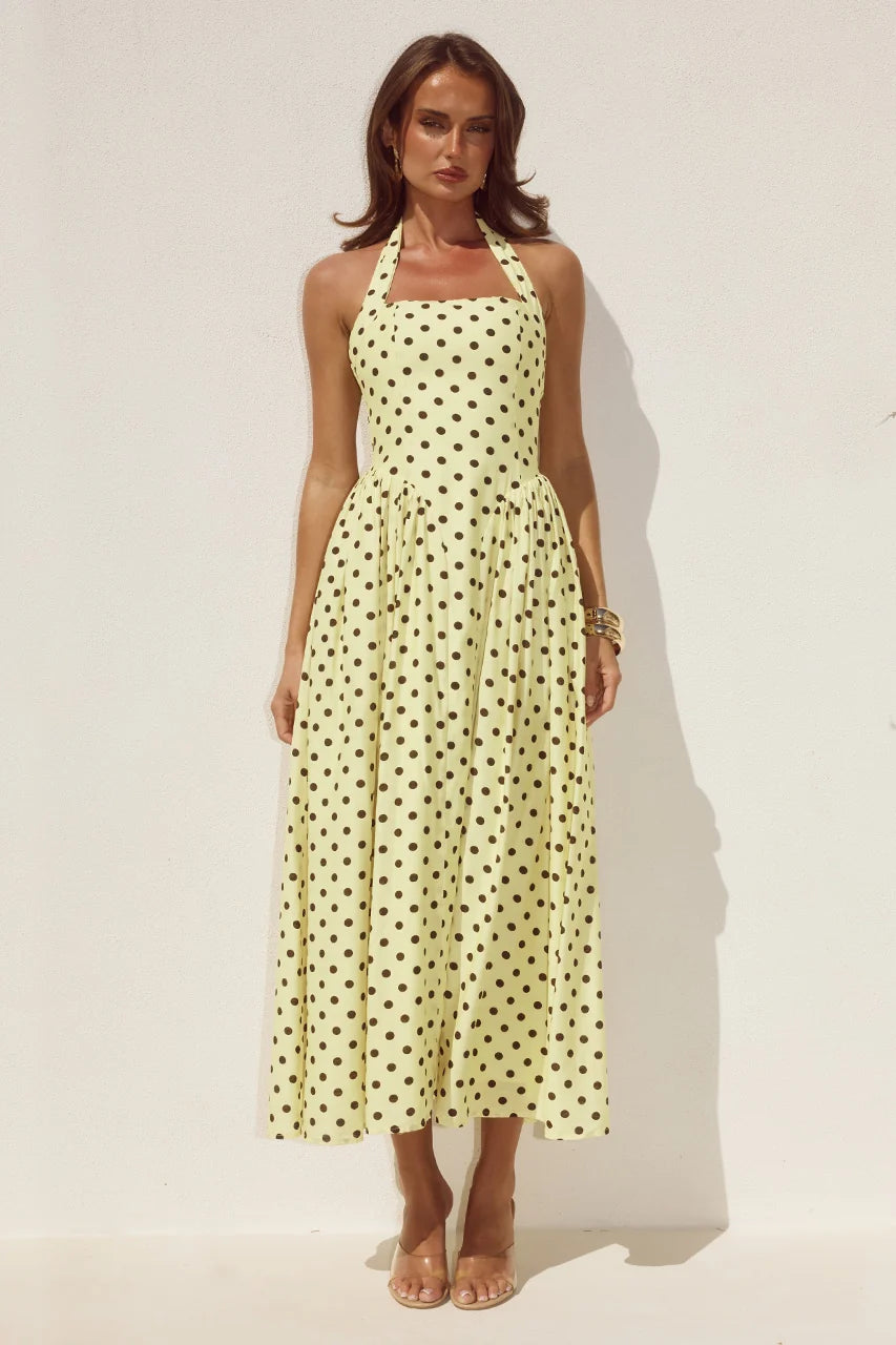 SAMMI HALTER MIDI DRESS - LEMON/CHOC POLKA