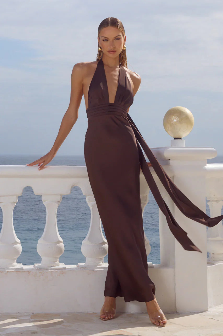 SILVIE PLUNGE V NECK CHOCOLATE
